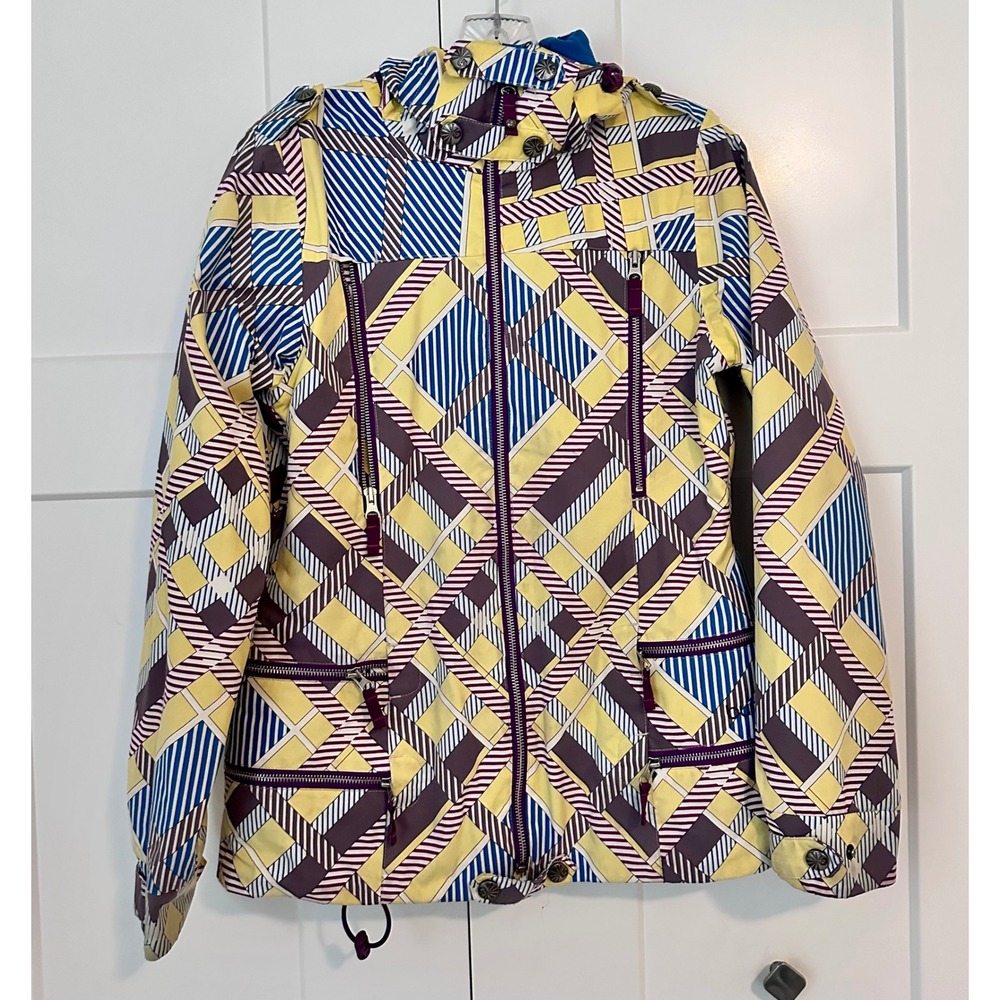 Burton Dryride Snowboard Jacket Womens Medium Yellow Blue Plaid Geometric Hooded